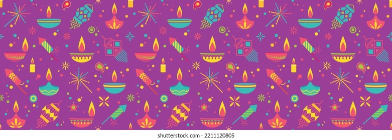 Diwali Colorful Seamless Pattern Horizontal Background. Vector Illustration