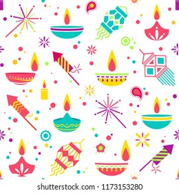 Diwali Colorful Seamless Pattern With Main Symbols. Vector Illustration