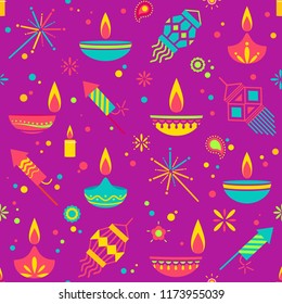 Diwali colorful seamless pattern with main symbols. Vector illustration
