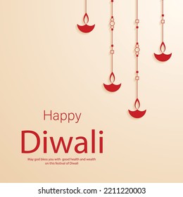 Diwali Concept Of Hanging Diya Situated On Light Peach Background Vector Image.