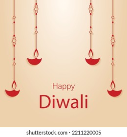 Diwali Concept Of Hanging Diya Situated On Light Peach Background Vector Image.