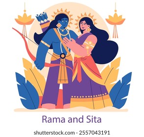 Diwali concept. Illustration portraying Rama and Sita with traditional attire against a festive backdrop. Cultural iconography of Indian mythology. Vector illustration.