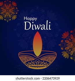 Diwali Dark Blue Background With Mandala Art And Oil Lamp