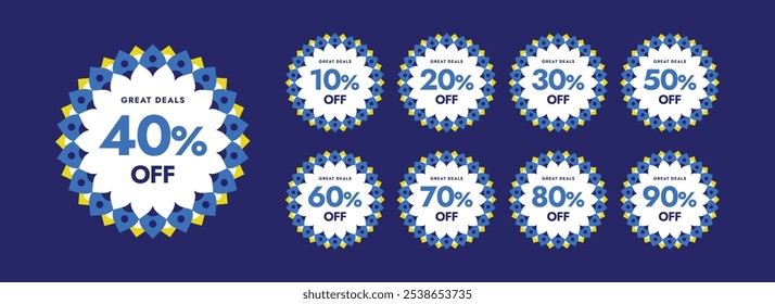 Diwali Ofertas Oferta Conjunto de diferentes percentual etiquetas de desconto 10, 20, 30, 40, 50, 60, 70, 80, 90 por cento fora etiquetas de desconto, ilustração vetorial