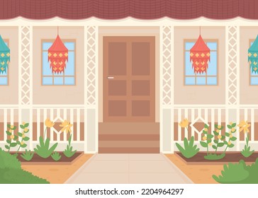 Diwali decorated house flat color vector illustration. Hanging paper lanterns outside for Deepavali festival. Fully editable 2D simple cartoon cityscape with home exterior on background