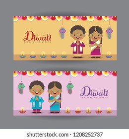 Diwali or Deepavali banner template design. Cute cartoon India kids, colorful garland, diwali diya (oil lamp) & kandil lantern. Festival of Lights celebration vector illustration.