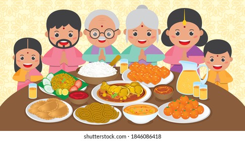 Diwali / Deepavali Banner template with Indian family reunion dinner to enjoy the traditional festival foods/ meal (Murukku, Ladoo / Laddu, Curry, Curry Puff, Halwa and Rice)