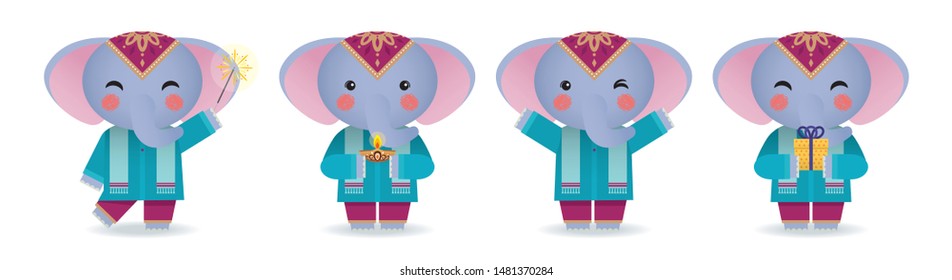 Diwali or Deepavali character design. Cute cartoon Ganesha (Indian elephant god) in different pose isolated on white background. Festival of Lights vector illustration.