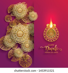 Diwali, Deepavali Or Dipavali The Festival Of Lights India With Gold Diya Patterned And Crystals On Paper Color Background.