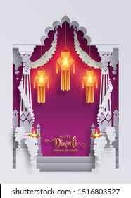 Diwali, Deepavali or Dipavali the festival of lights india paper cut art craft style on paper color Background.