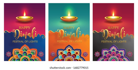 Diwali, Deepavali or Dipavali the festival of lights india with gold diya patterned and crystals on paper color Background.