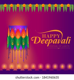 Diwali, Deepavali or Dipavali the festival of lights. Indian festive greetings with traditional bunting torana and sky lamp or lantern.