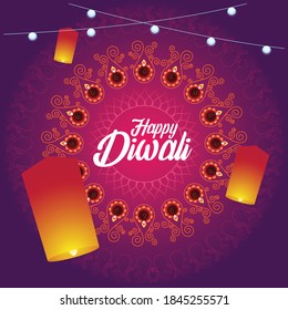 Diwali, Deepavali Or Dipavali The Festival Of Lights India With Gold Rangoli Diya Pattern And Crystals On Paper Color Background. Elegant Greetings Vector Illustration With Lanterns And Light Bulbs.