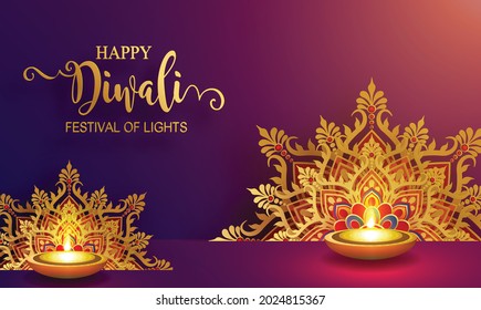 Diwali, Deepavali or Dipavali the festival of lights india with gold diya patterned and crystals on paper color Background.
