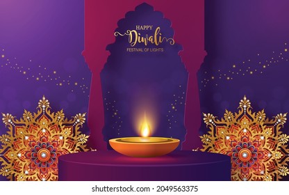 Diwali, Deepavali Or Dipavali The Festival Of Lights India With Gold Diya On Podium, Patterned And Crystals On Paper Color Background.