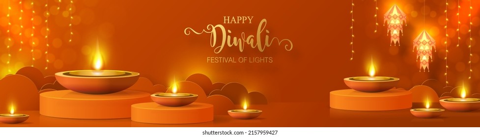 Diwali, Deepavali Or Dipavali The Festival Of Lights India With Gold Diya On Podium, Patterned And Crystals On Paper Color Background.