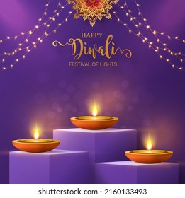 Diwali, Deepavali Or Dipavali The Festival Of Lights India With Gold Diya On Podium, Patterned And Crystals On Paper Color Background.