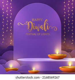 Diwali, Deepavali Or Dipavali The Festival Of Lights India With Gold Diya On Podium, Patterned And Crystals On Paper Color Background.