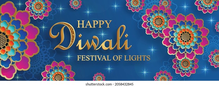 Diwali, Deepavali or Dipavali, the indian festival of lights on blue color background