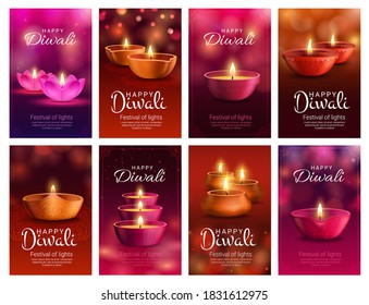 Diwali or Deepavali diya lamp vector banners of Indian light festival and Hindu religion holiday greeting cards. Deepawali oil lamps, decorated with rangoli pattern, paisley flowers and bokeh lights