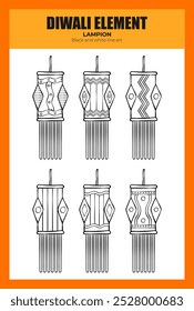 Diwali or Deepavali element black and white line art illustration. Diwali icon set for graphic and design template. Deevapali or Diwali lantern