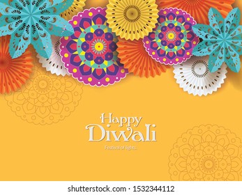 Diwali / Deepavali festival holiday design with paper cut style of indian rangoli, flower and paper fan. Vector illustration.