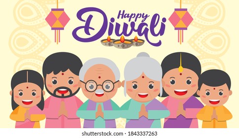 Diwali or deepavali - festival of lights banner templates with cute cartoon Indian family in flat vector illustration.