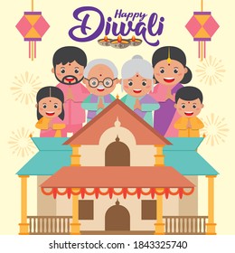 Diwali Or Deepavali - Festival Of Lights Greeting Card With Cute Cartoon Indian Family With Traditional House In Flat Vector Illustration.