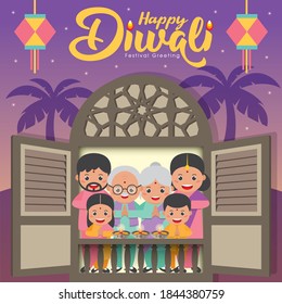 Diwali / Deepavali - Festival Of Lights Greeting Card With Cute Cartoon Indian Family In Front Of House Window Flat Vector Illustration.