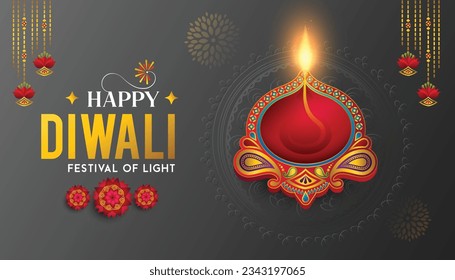 Diwali, Deepavali the festival of lights india, with gold diya patterned and Dark paper color Background.