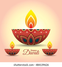 Diwali or Deepavali greeting with beautiful burning diwali diya (india oil lamp). Festival of Lights celebration vector illustration.