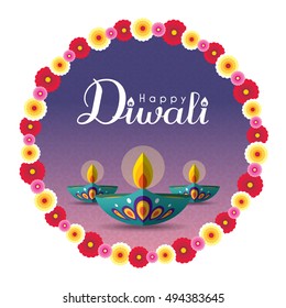 Diwali or Deepavali greeting with beautiful burning diwali diya (india oil lamp) and floral wreath isolated on white background. Festival of Lights celebration vector illustration. 