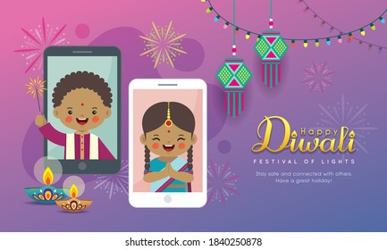 Diwali or Deepavali greeting card. Cartoon Indian people making video call with friend or family via smartphone. Online celebration holiday concept. Festival of Lights flat vector illustration.