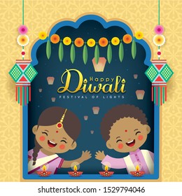 Diwali or Deepavali greeting card. Cute cartoon Indian kids with diwali diya, kandil lantern, marigold mango leaf door hanging, sky lantern & window frame. Indian festival of lights flat vector. 