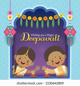 Diwali or Deepavali greeting card. Cute cartoon Indian kids with diwali diya, kandil lantern, marigold mango leaf door hanging, fireworks & window frame. Indian festival of lights flat vector. 