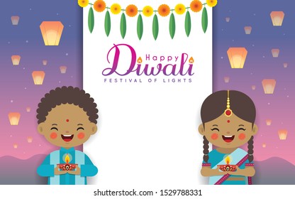 Diwali or Deepavali greeting template. Cute cartoon Indian kids holding diwali diya with marigold mango leaf & sky lantern on night landscape background. Indian festival of lights flat vector. 