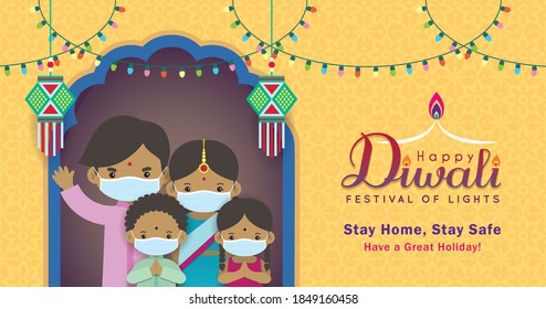 Cartel de saludos de Diwali o Deepavali. Caricatura de la familia india con mascarilla celebra el festival en casa. Diseño de vector plano. Quédate en casa, quédate a salvo. 