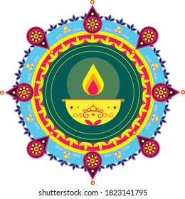 Diwali or Deepavali greetings template with beautiful burning diwali diya (india oil lamp) vector illustration.