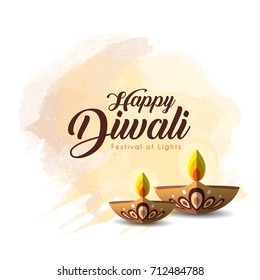 Diwali or Deepavali greetings template with beautiful burning diwali diya (india oil lamp) on brown watercolor background. Festival of Lights celebration vector illustration.
