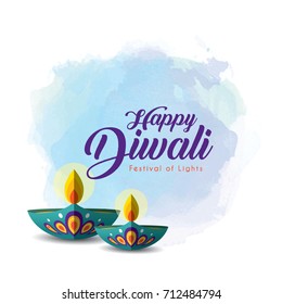 Diwali or Deepavali greetings template with beautiful burning diwali diya (india oil lamp) on blue watercolor background. Festival of Lights celebration vector illustration.