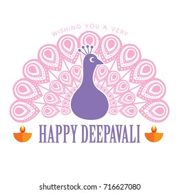 Diwali Or Deepavali Greetings Template With Beautiful Peacock Vector Illustration.