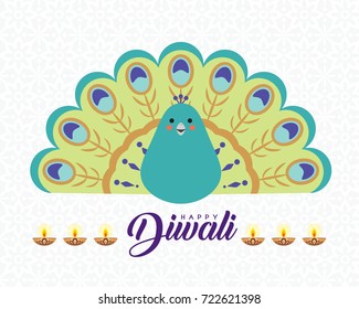Diwali or Deepavali template design of beautiful cartoon peacock and diya (oil lamp) on indian pattern background. Festival of Lights celebration vector illustration.