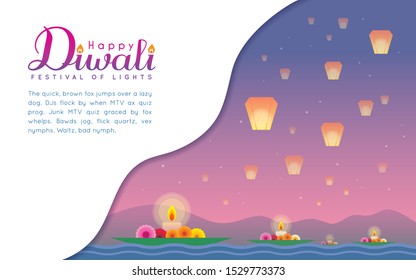 Diwali or Deepavali template design or copy space. Floating diya on river & beautiful sky lanterns with night landscape in flat vector design. Indian Festival of lights celebration.