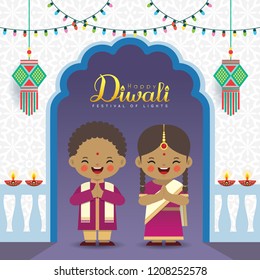 Diwali or Deepavali vector greeting illustration. Cute indian kids with colorful light bulbs, kandil (india lantern) & diya (oil lamp). Festival of Lights celebration.