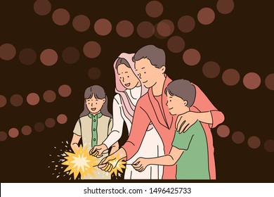 Diwali or Deepawali festival concept. Indian Family celebrating Diwali festival with firecrackers. Simple flat vector.