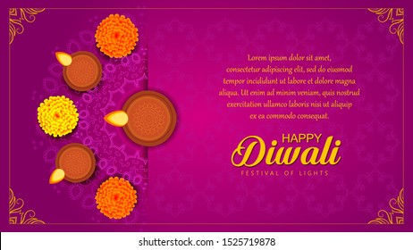 Diwali or Deepawali India festival wishes, greeting, flyer, sale, offer, banner with lighted lamp or Diya on rangoli with marigold flower and having side space to add content. Violet color background.