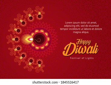 Diwali Or Deepawali India Festival Wishes, Greeting Card, Flyer, Sale, Offer, Banner With Lighted Lamp Or Diya On Rangoli With Having Side Space To Add Content. Red Color Background.