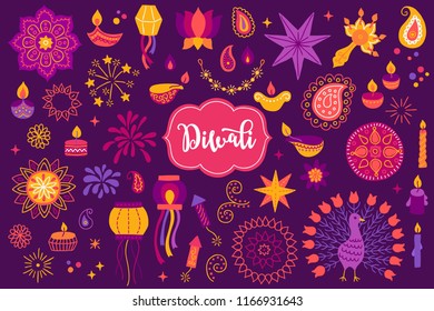 Diwali design elements set with mandala, diya, lantern, garland, stars, paisley, candles, firecracker, firework, confetti, peacock, fire, lotus, flower on dark violet background