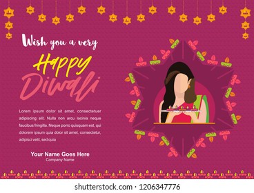 Diwali Design template and background for mailer or poster, A young woman holding lots of light lamps in a tray.