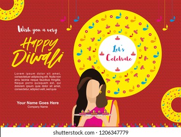 Diwali Design template and background for mailer or poster, A young woman holding lots of light lamps in a tray.